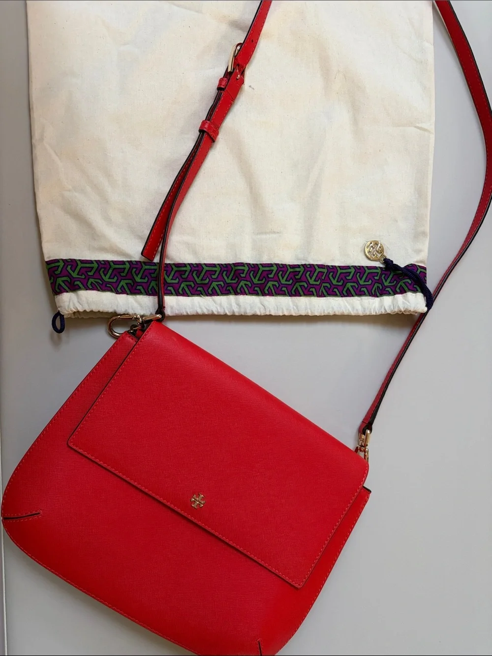 Tory Burch Red Saffiano Leather Crossbody with Gold Hardware